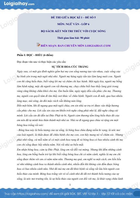 Đề thi giữa kì 1 Văn 6 Kết nối tri thức - Đề số 5